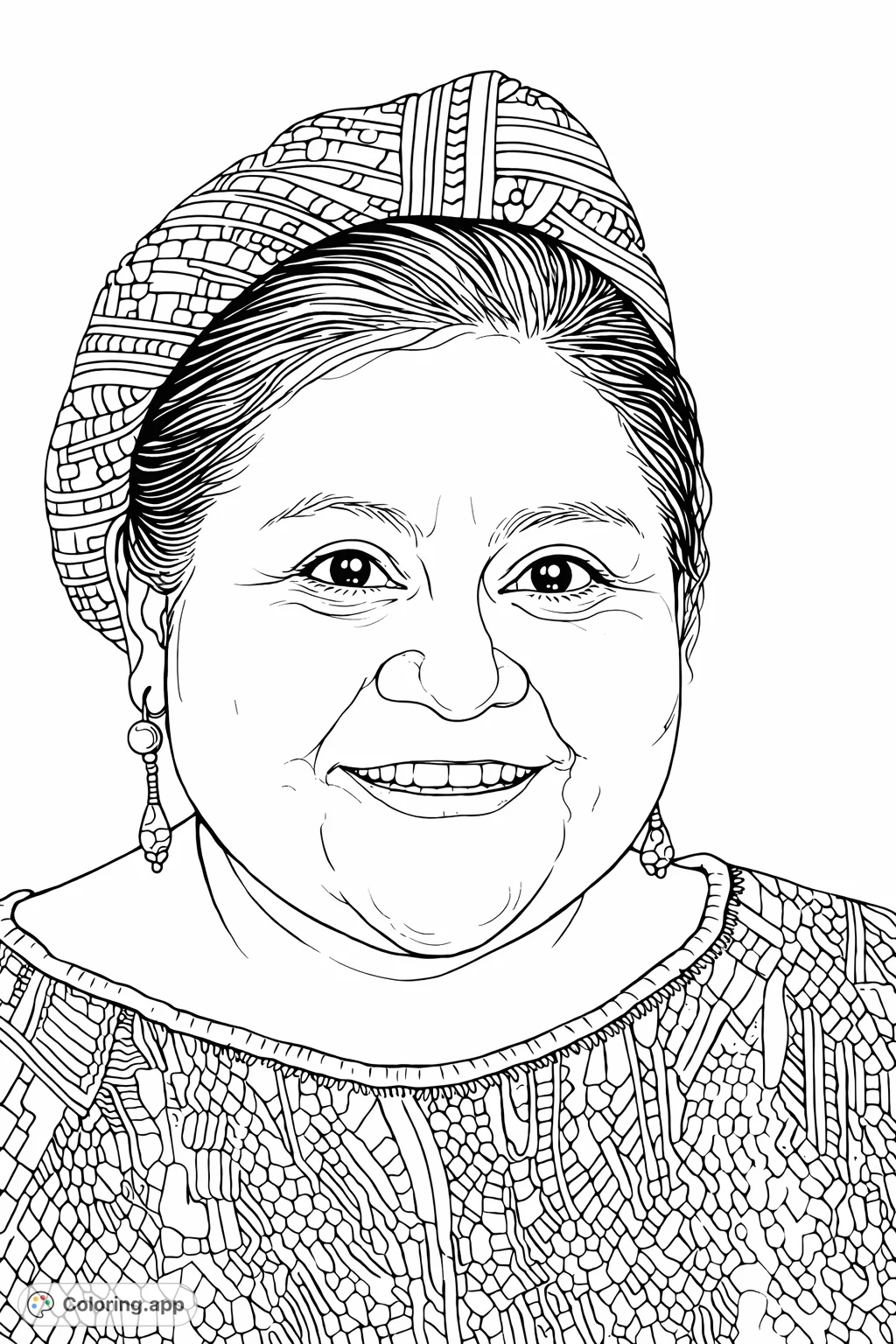 A captivating portrait of a smiling woman adorned in intricate traditional garments and a detailed headpiece, offering a rich cultural coloring experience.