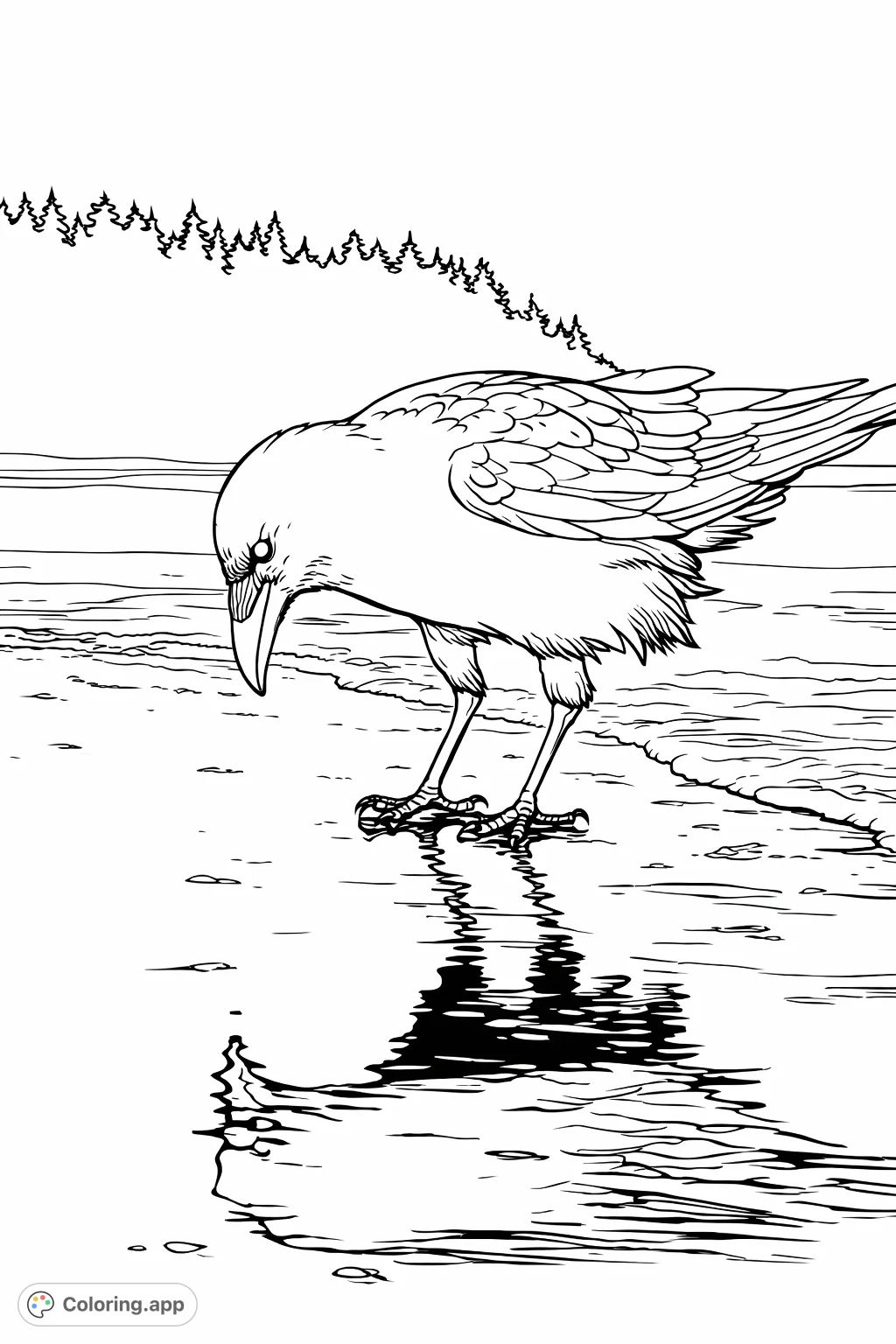 A detailed coloring page featuring a bird standing on a reflective beach, with waves, distant trees, and a small bird in the sky. Perfect for nature lovers.