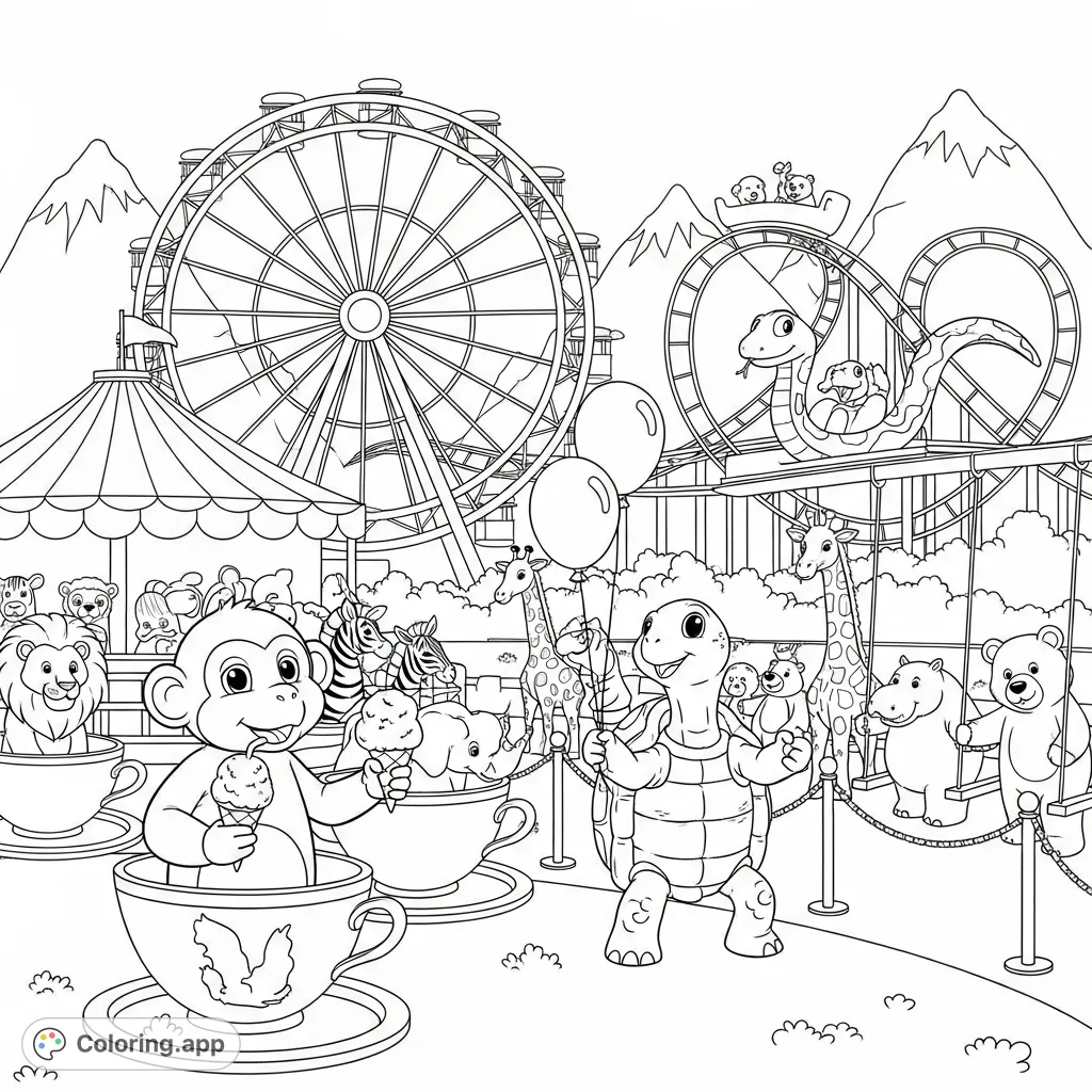 Discover a lively amusement park scene featuring a monkey with a snowcone, a turtle with a balloon, and a snake on a thrilling rollercoaster ride!