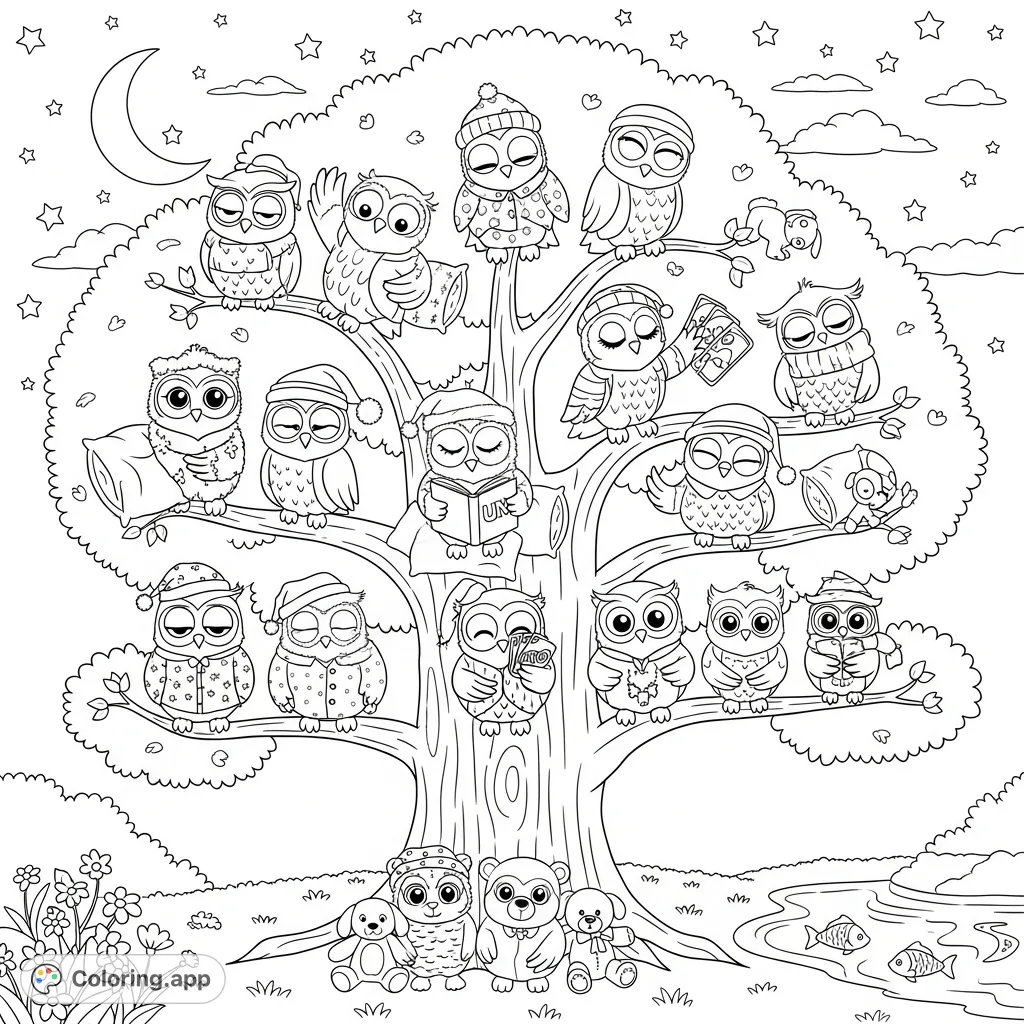 A whimsical owl sleepover party unfolds in a large tree under a starry sky. Twenty owls enjoy their slumber party with pajamas, pillows, books, games, and plushies.