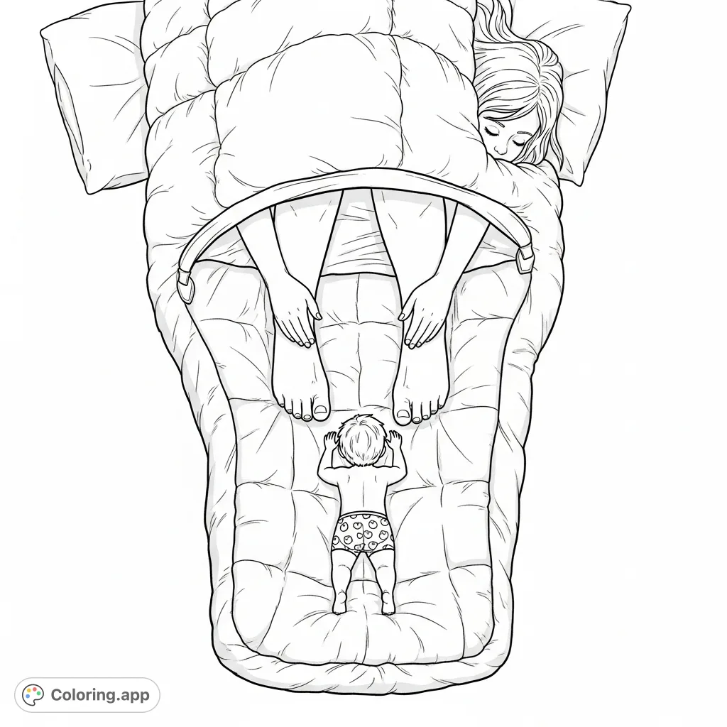 A shrunken boy in a swimsuit lies unaware inside a massive sleeping bag, with a giant girl's feet resting gently on his belly in this detailed size-difference scene.