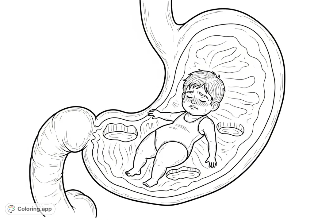 Explore the bizarre world of a shrunken boy in a giant stomach. A unique, realistic coloring page for those who enjoy the unusual and detailed.