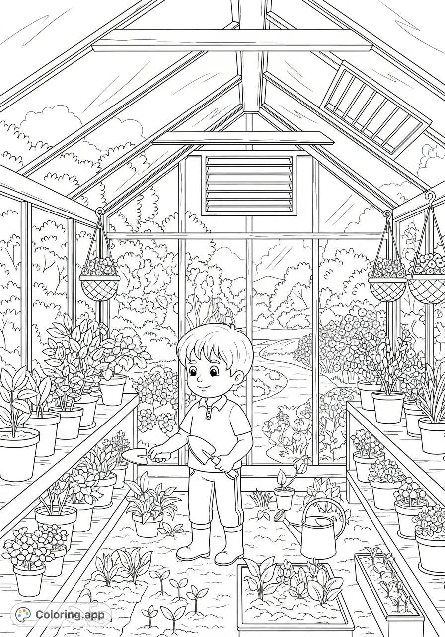 Discover a charming greenhouse coloring page featuring a young gardener tending plants. A free printable coloring page for all ages to enjoy!