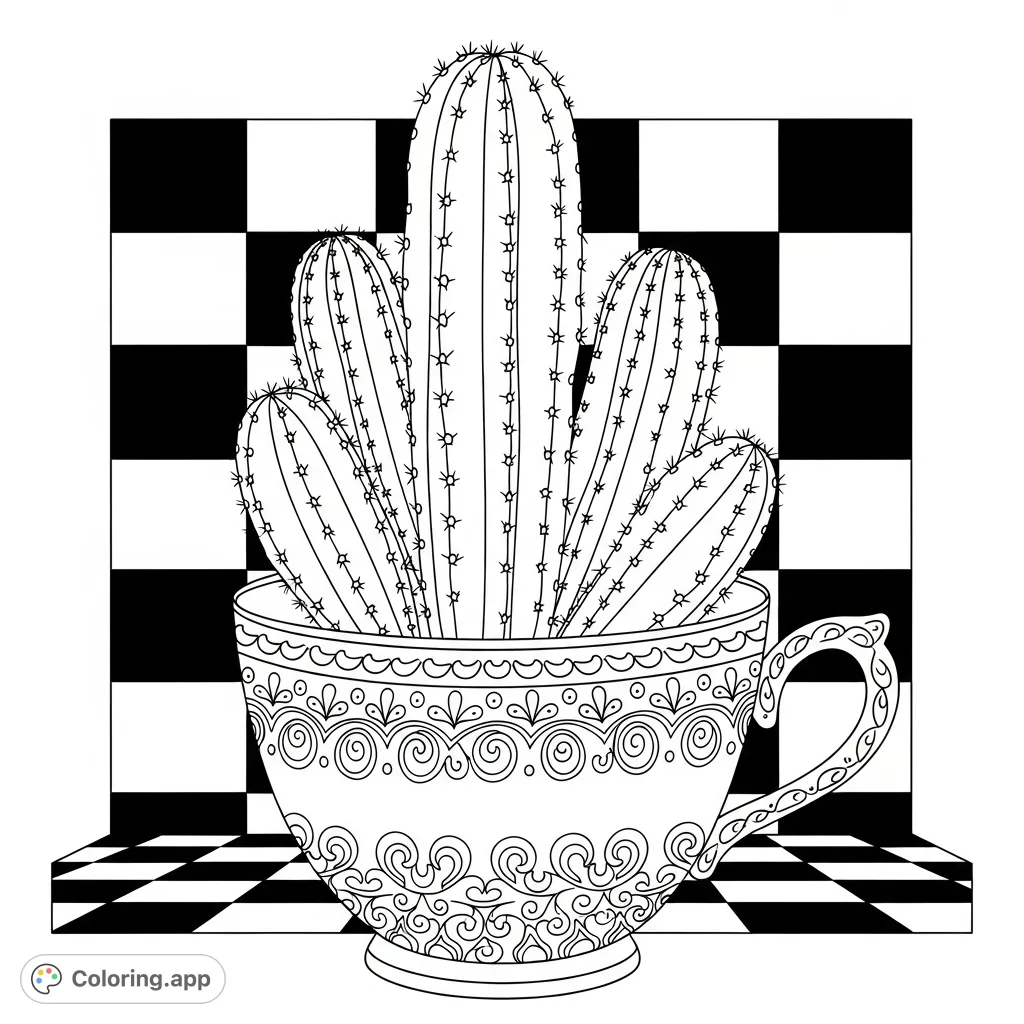 A charming cactus in a patterned teacup, set against a whimsical checkerboard background. Perfect for a unique coloring experience.