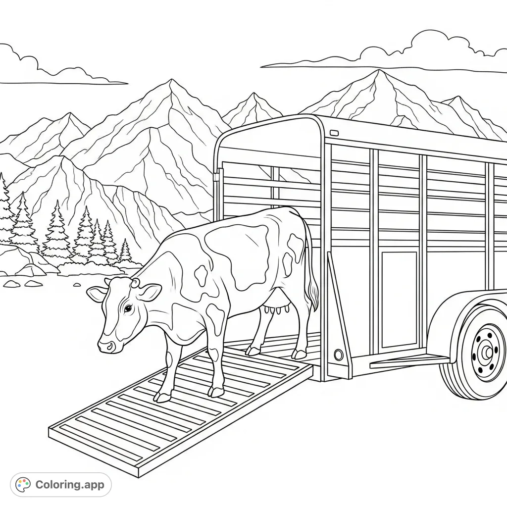 A detailed mountain cattle ranching coloring page featuring a cow carefully ascending a ramp into a sturdy trailer, set against a backdrop of majestic mountains and trees.