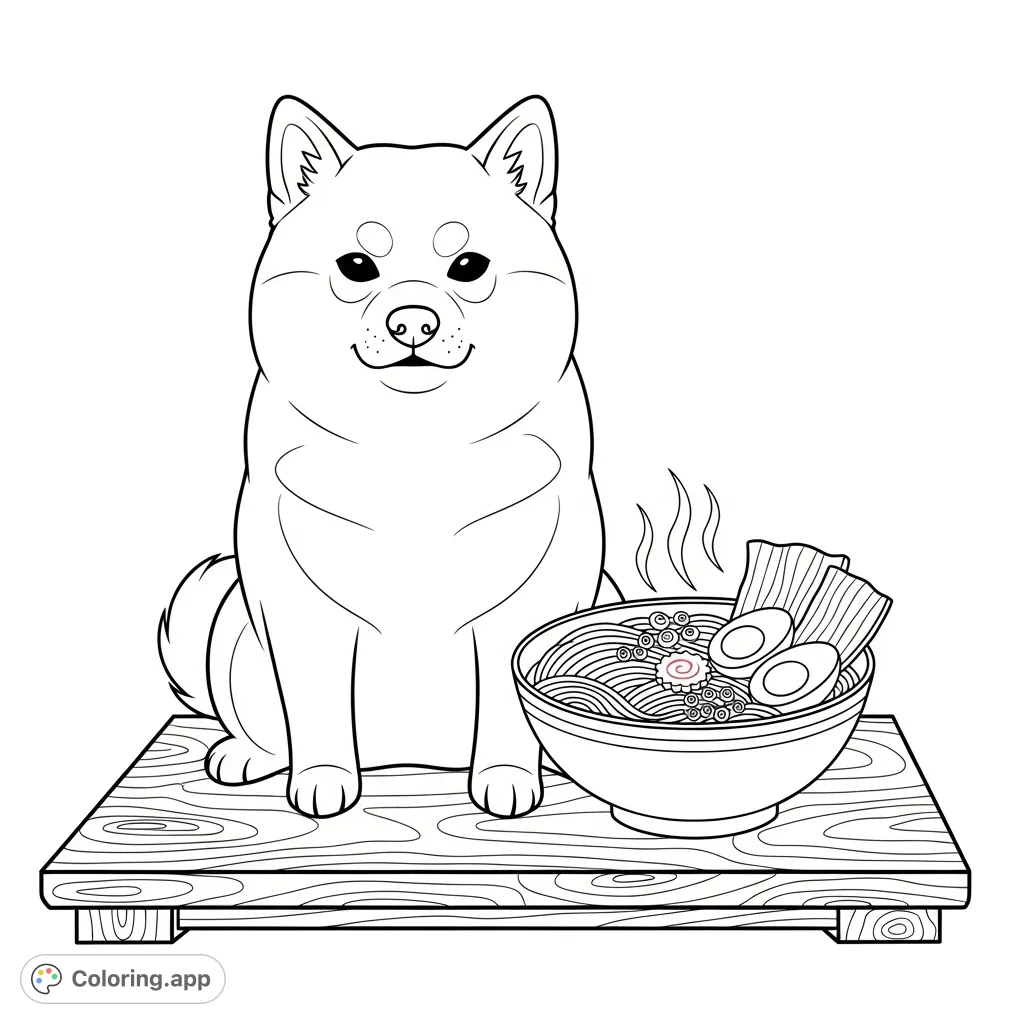 A cute, chubby Shiba Inu dog sits happily beside a steaming ramen bowl on a traditional wooden low table. A delightful, simple Japan coloring page for relaxing creativity.