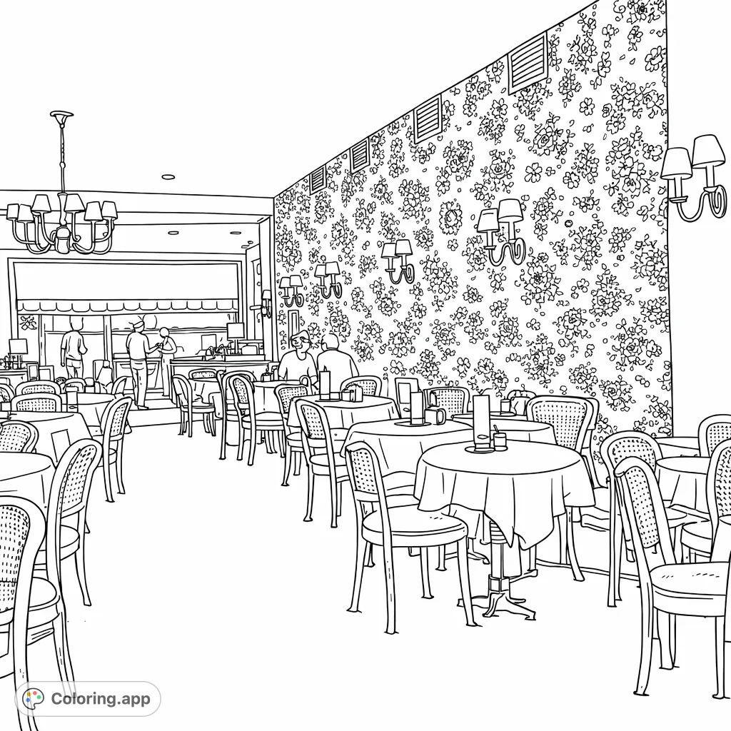 Step into a charming vintage cafe, bustling with activity. Intricate floral wallpaper, elegant furniture, and diners create a captivating scene awaiting your artistic touch.