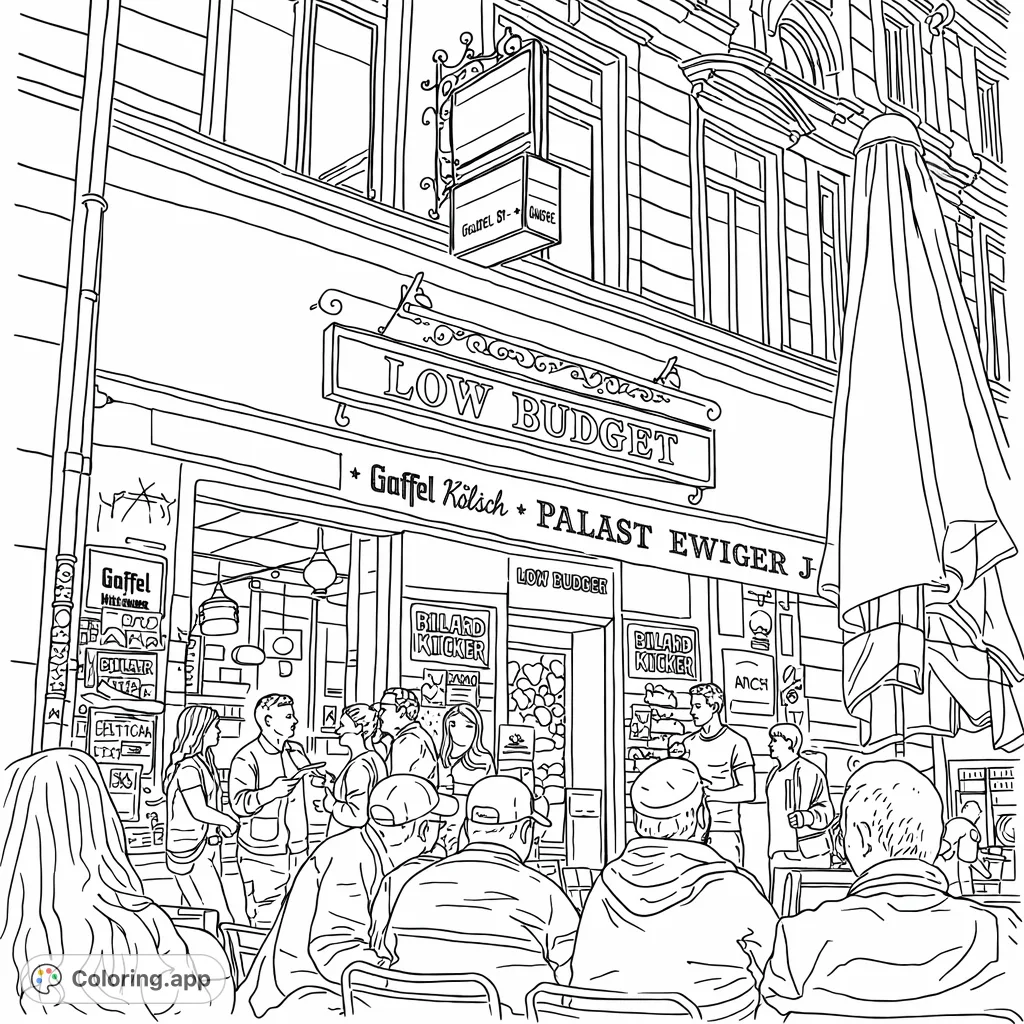 Capture the vibrant energy of a street cafe scene with friends gathered outside a bustling pub. Detailed architecture and lively crowds await your artistic touch.