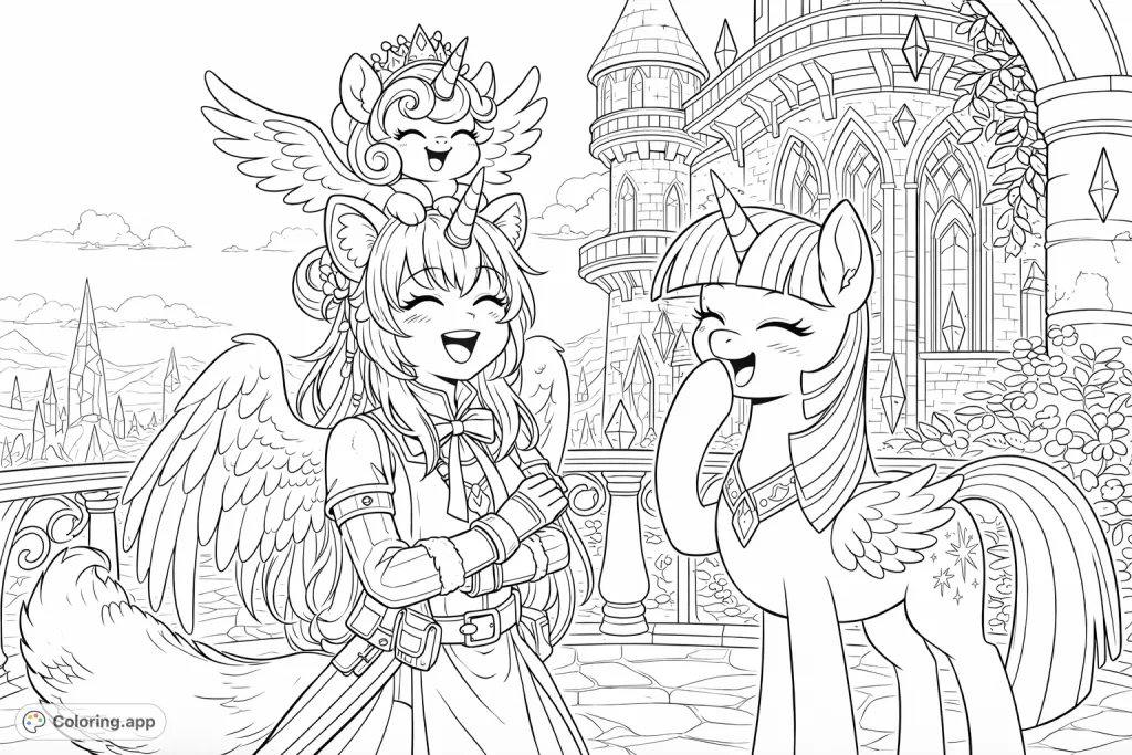 A magical crystal castle scene with three cheerful characters: a winged warrior, a tiny unicorn, and a graceful unicorn, all sharing a moment of laughter.