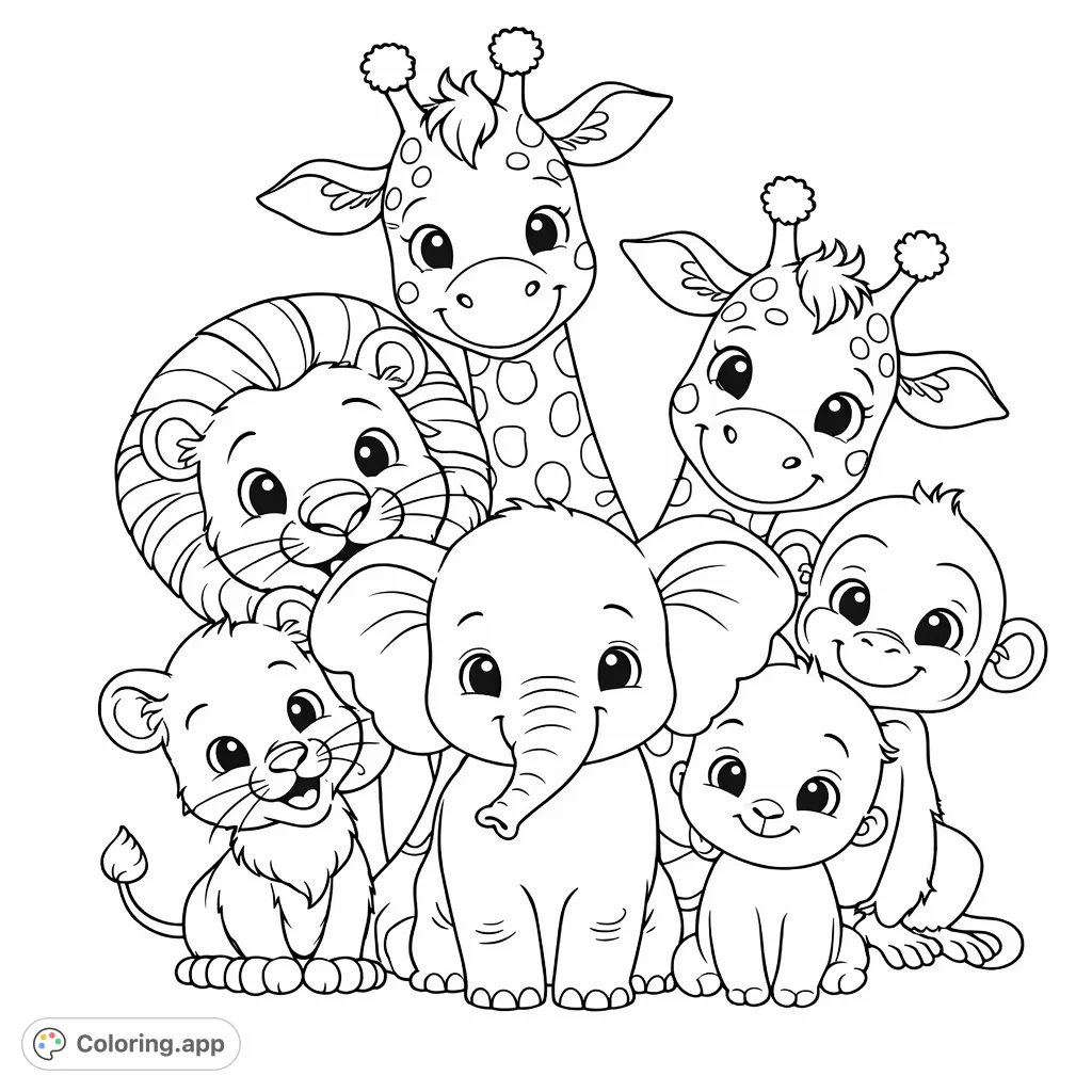 A heartwarming collection of cute safari animals including an elephant, lions, giraffes, and a monkey, all grouped together with friendly expressions.