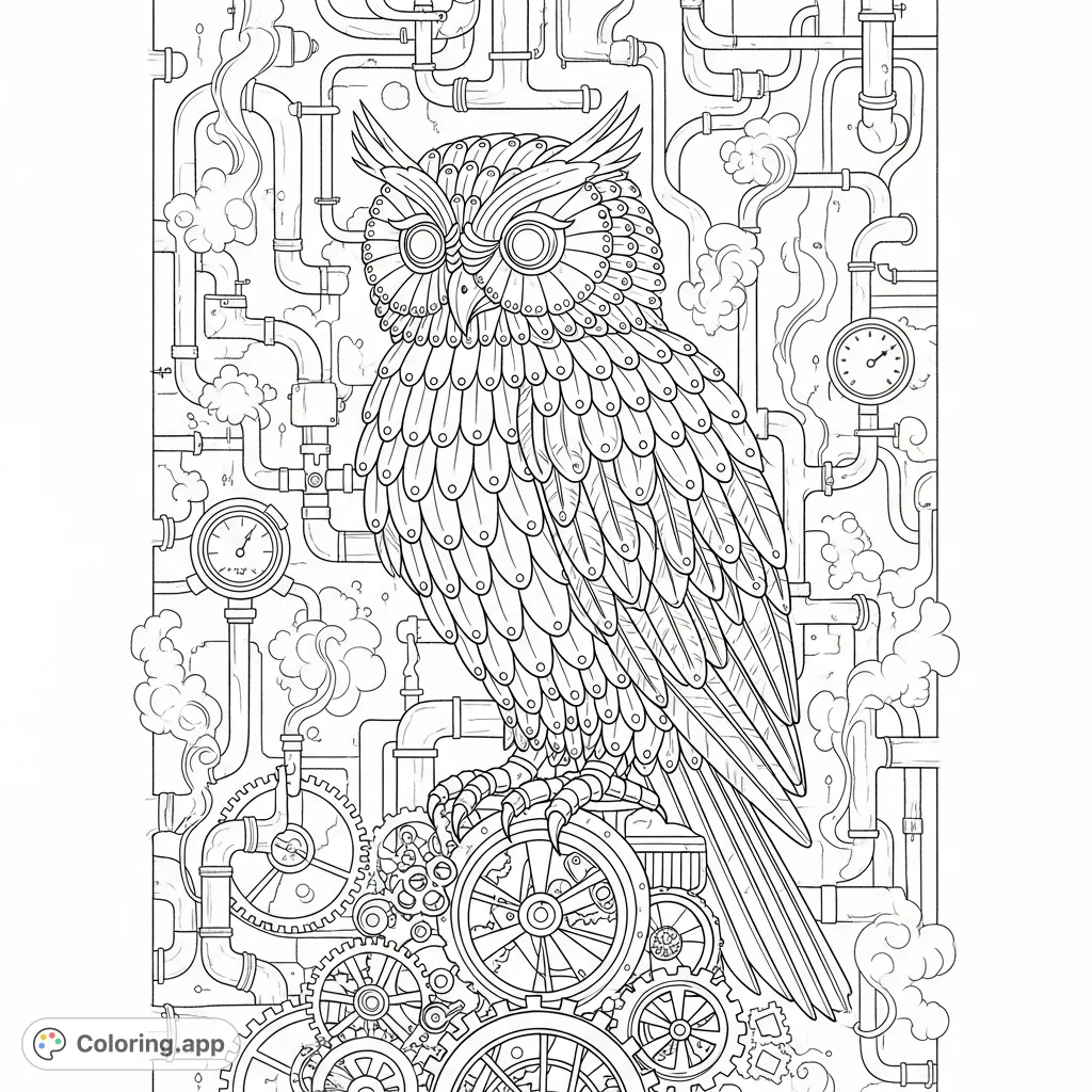 An intricate steampunk aviary coloring page featuring a mechanical owl with metallic feathers perched on gears amidst winding pipes, gauges, and steam. A detailed free printable coloring page.