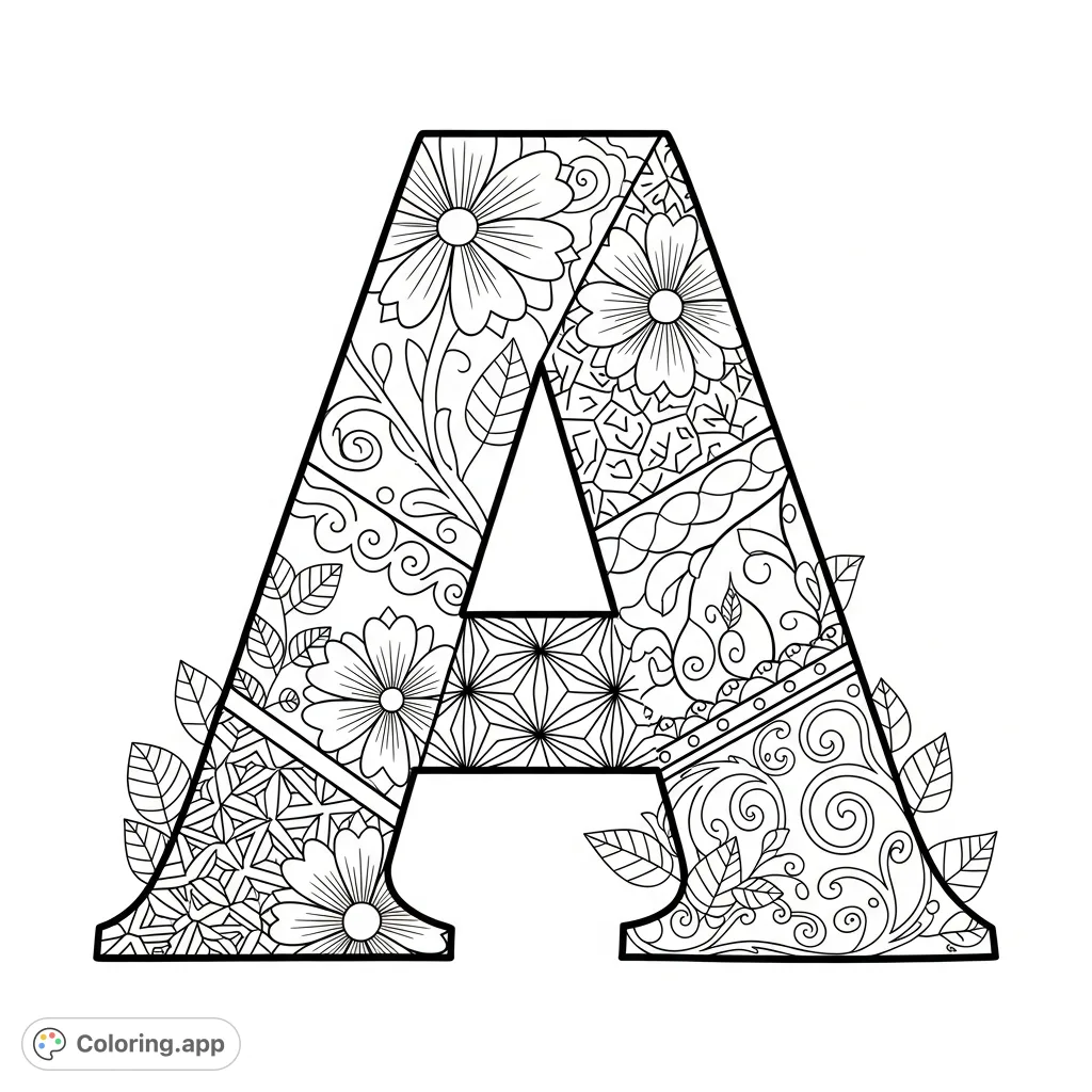 Immerse yourself in a Zentangle floral letter A coloring page, a free printable design perfect for intricate detail and mindful creative expression.