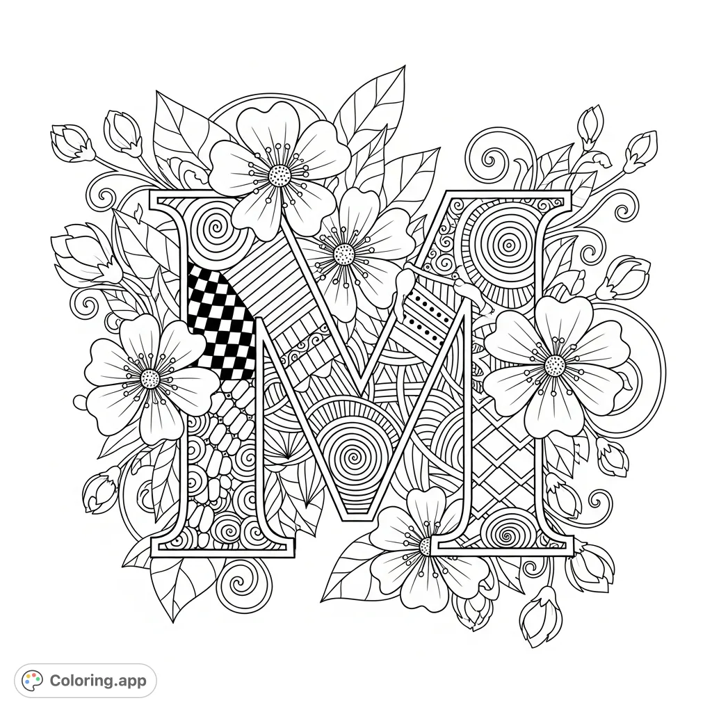 An intricate Zentangle letter 'M' design, interwoven with delicate floral patterns and natural elements, perfect for mindful coloring and creative expression.