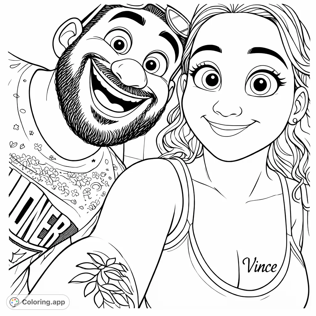 A charming animated duo captures a happy selfie moment, perfect for coloring. Features expressive characters and fun details for a delightful creative experience.