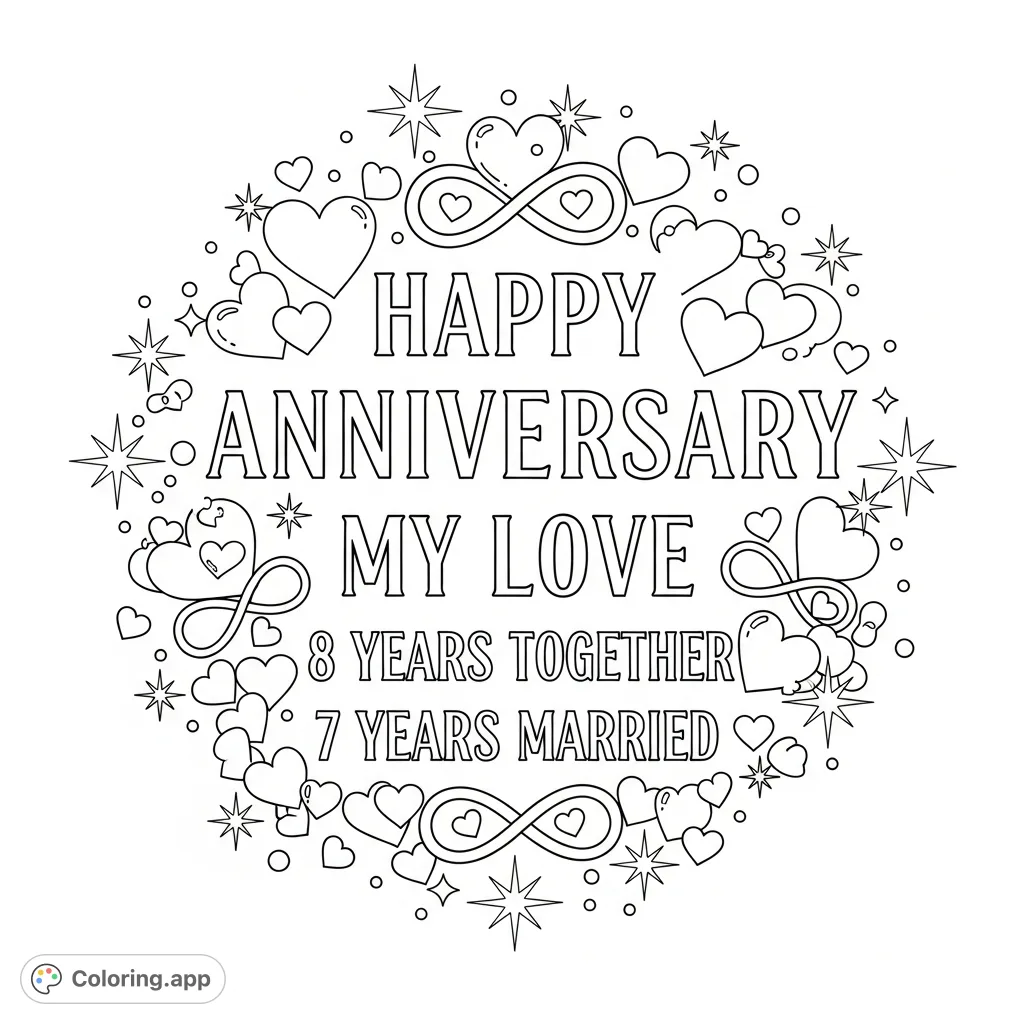A heartfelt anniversary coloring page featuring elegant text, intertwined infinity symbols, and a charming array of hearts and sparkles. Perfect for celebrating love!