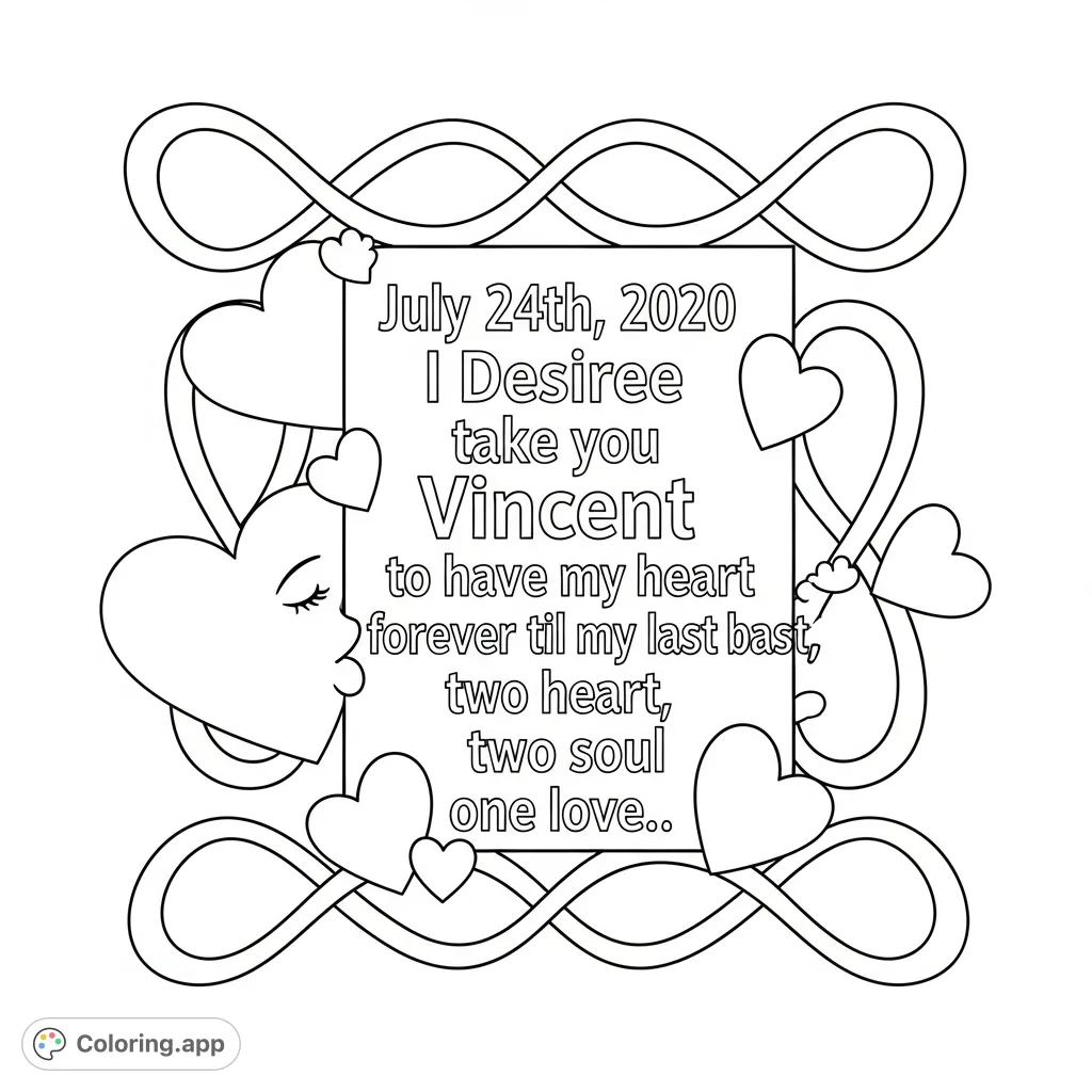 Declare everlasting love with this romantic coloring page featuring a heartfelt vow, kissing hearts, and infinite symbols.