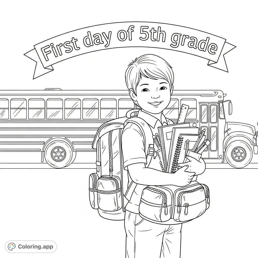 Celebrate the "First day of 5th grade" with this free printable coloring page featuring a student, backpack, school supplies, and a school bus. Perfect for kids!