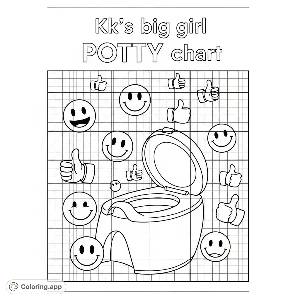 A delightful Kk's big girl POTTY chart coloring page with a central potty, cheerful smiley faces, thumbs-up symbols, and a grid for tracking progress.