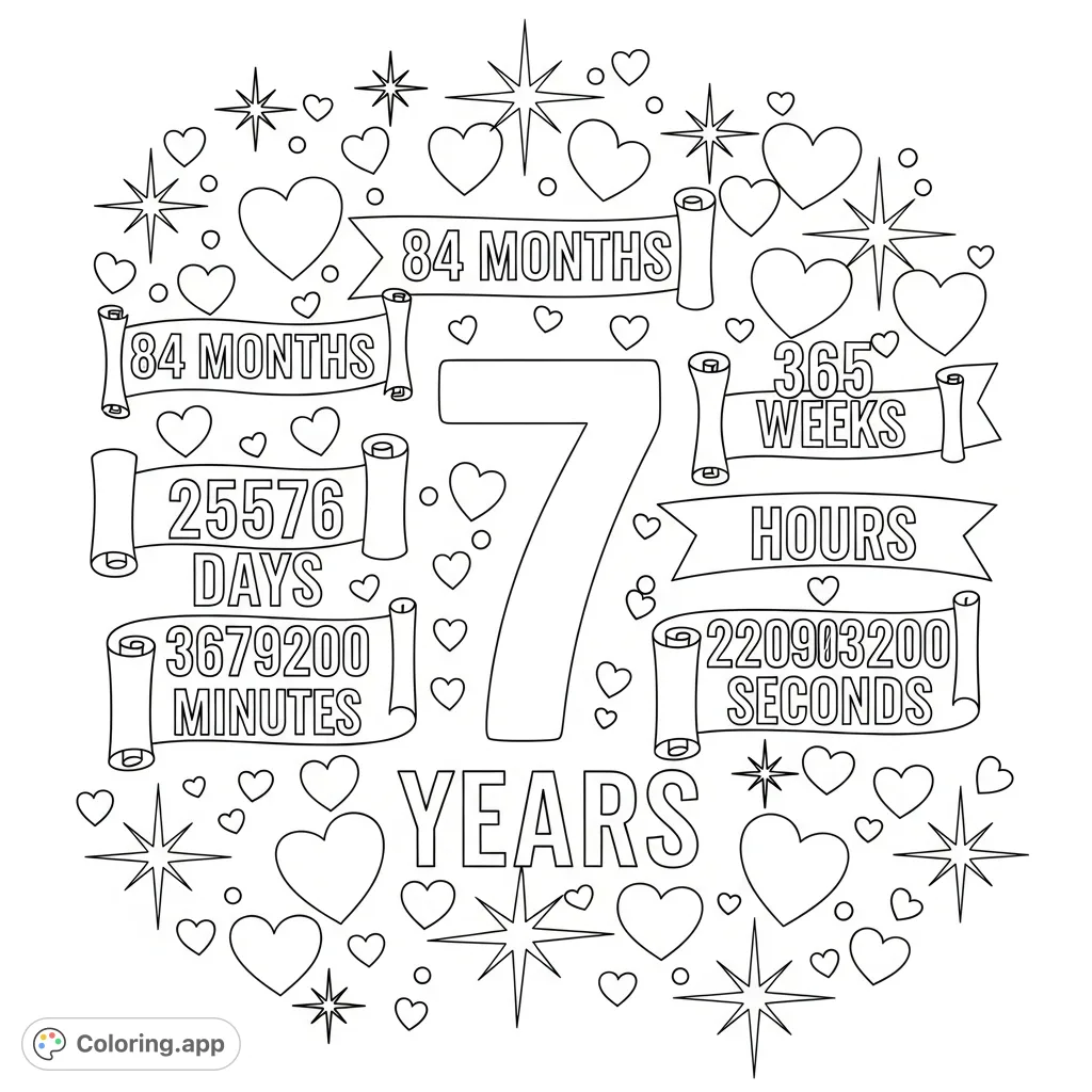 Celebrate 7 joyous years with this unique coloring page featuring numerical milestones, hearts, and sparkling designs. A fun, free printable coloring page.
