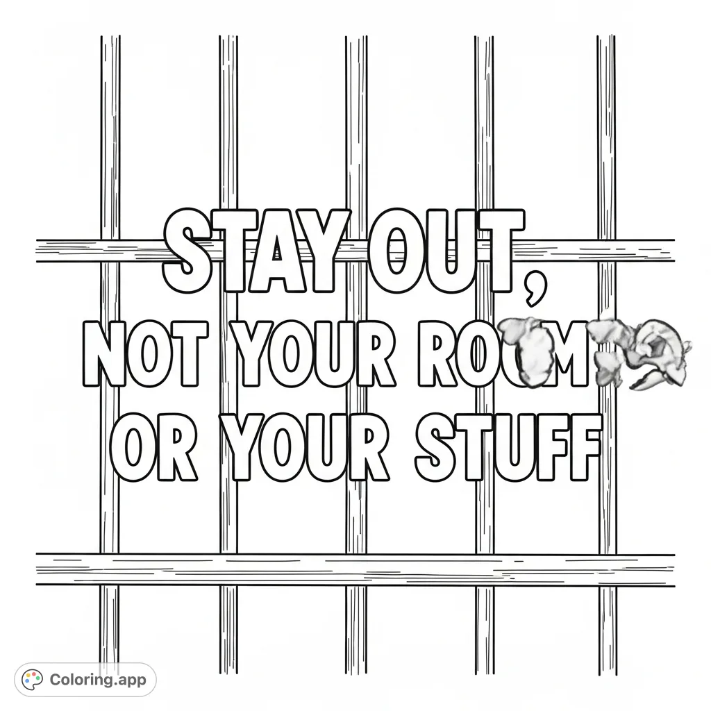 A "Stay Out" coloring page featuring bold text and jail bars, perfect for setting boundaries and personalizing your space. A unique free printable coloring page.