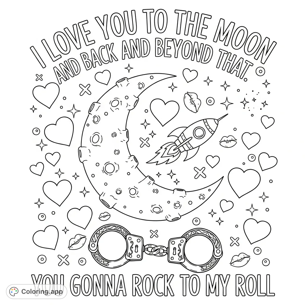 A romantic 'I Love You To The Moon And Back' coloring page featuring a crescent moon, floating hearts, sparkling accents, and linked handcuffs for a touching tribute.