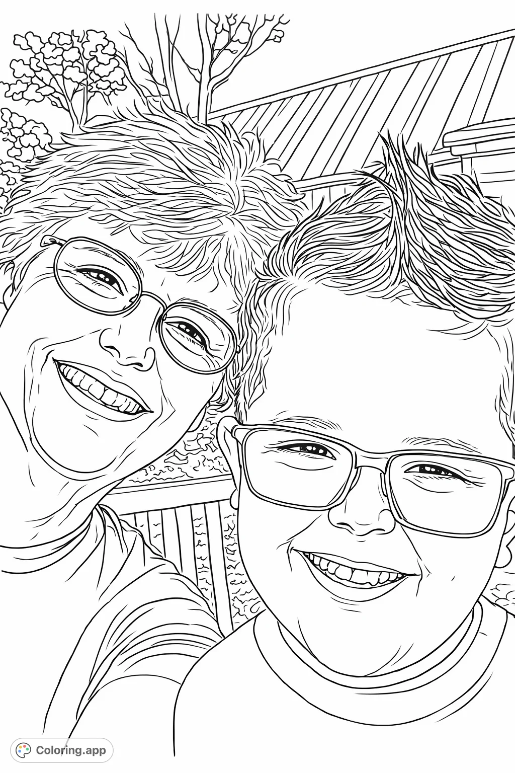 Capture the warmth of a shared moment with this joyful portrait of a smiling woman and young boy. Perfect for all ages, this coloring page celebrates connection.