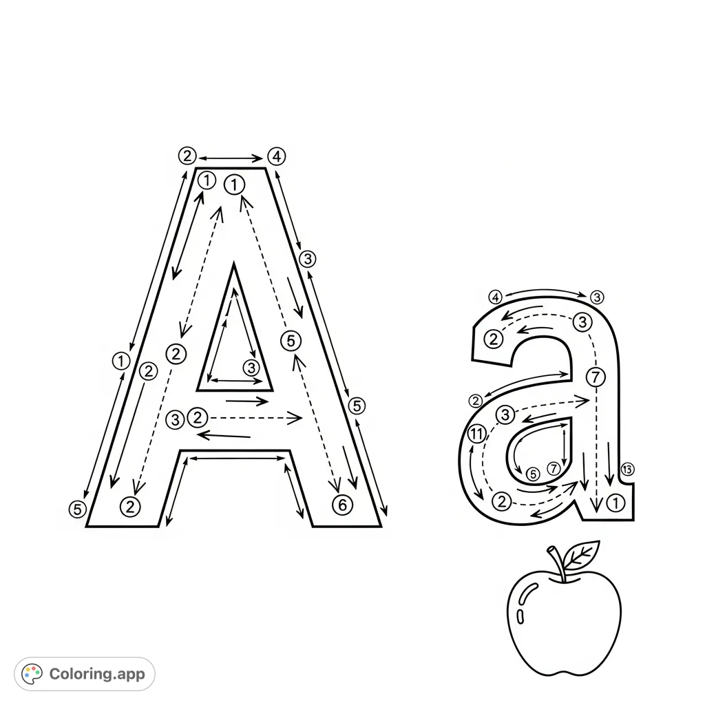 A free printable letter A tracing coloring page featuring uppercase and lowercase 'A' with guide lines, perfect for learning alphabet formation and fine motor skills.