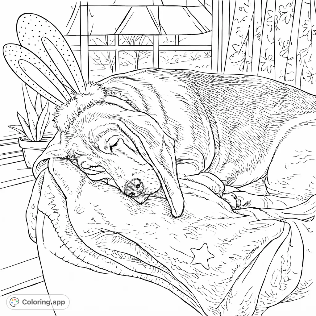 Discover this charming coloring page featuring a Basset Hound peacefully napping while wearing whimsical bunny ears. Perfect for pet lovers and spring themes.