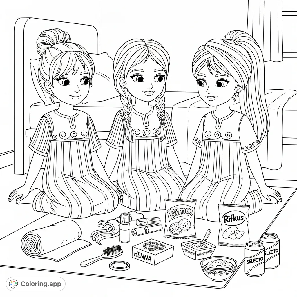 Three Algerian girls enjoy a cozy sleepover, wearing traditional dresses, with snacks and henna. A cultural and fun scene for coloring.