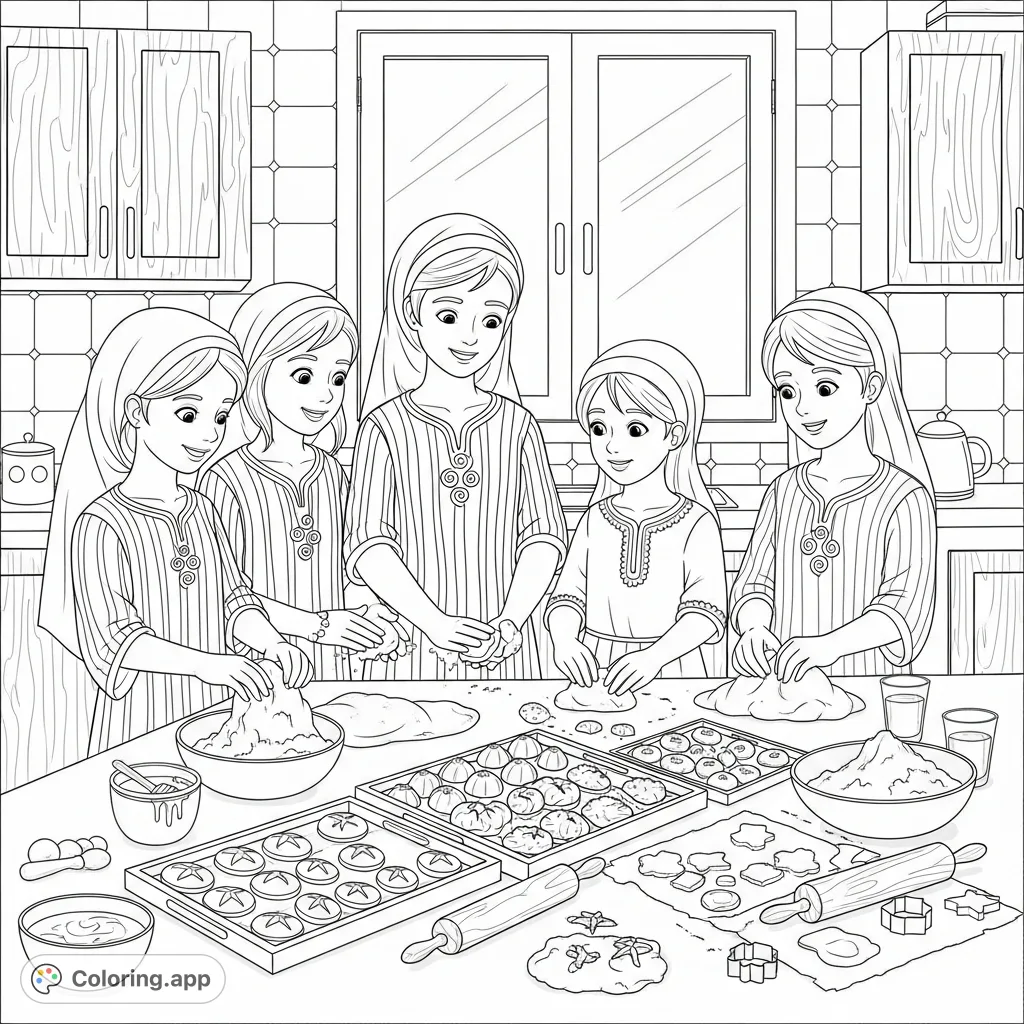 Four young Algerian girls create traditional sweets in a cozy kitchen, complete with dough, honey, and intricate pastries. A charming cultural scene.