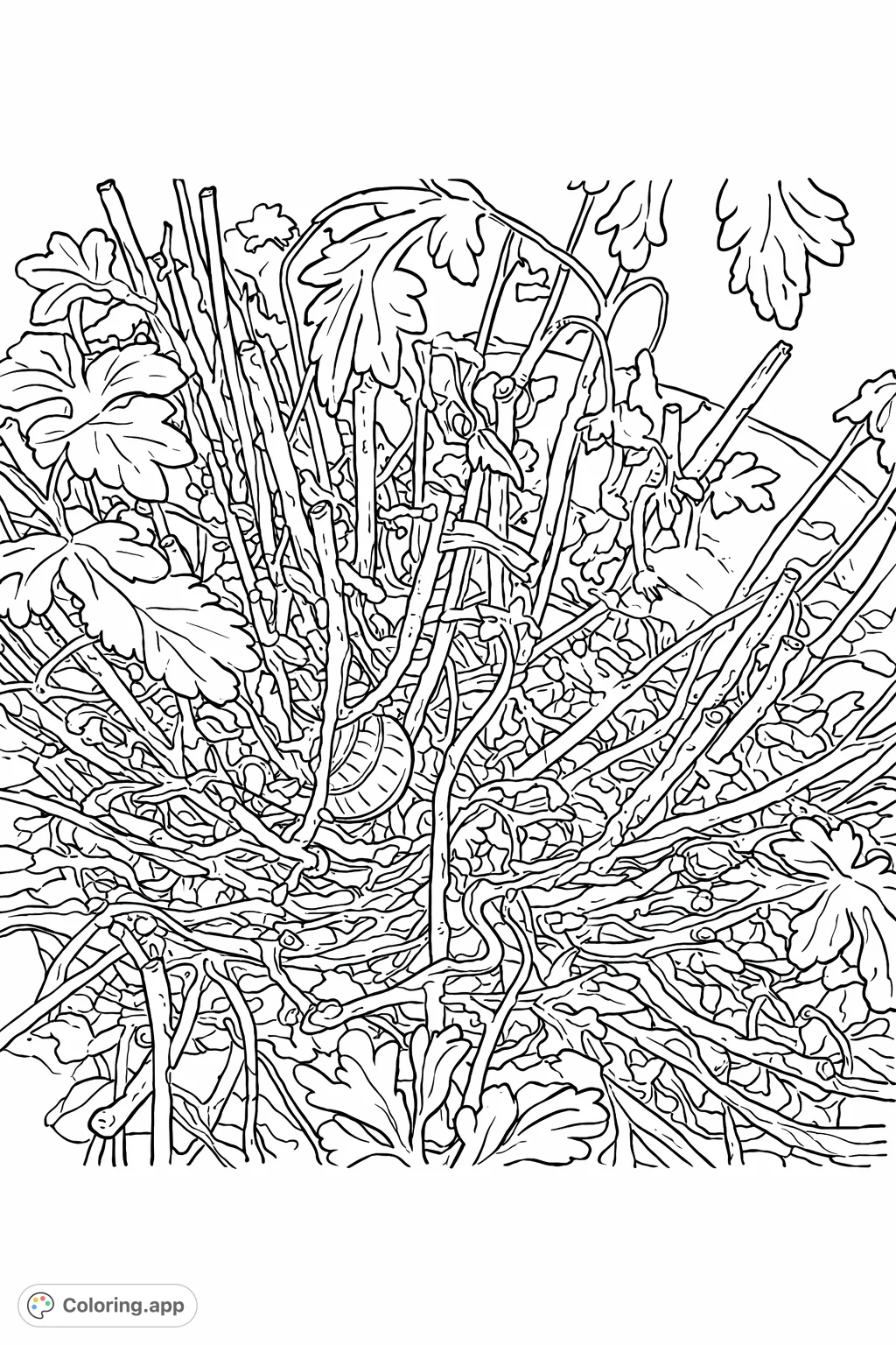 Explore the intricate beauty of nature with this detailed coloring page featuring a dense cluster of dried plant stems, leaves, and a hidden snail shell.