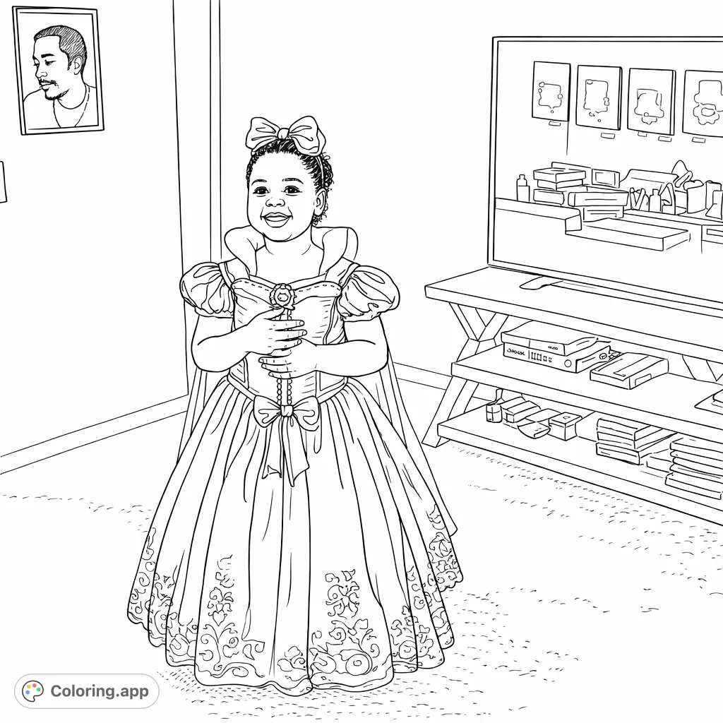 A delightful princess coloring page featuring a smiling child in an elaborate gown with a cape and intricate skirt details, perfect for young dreamers.
