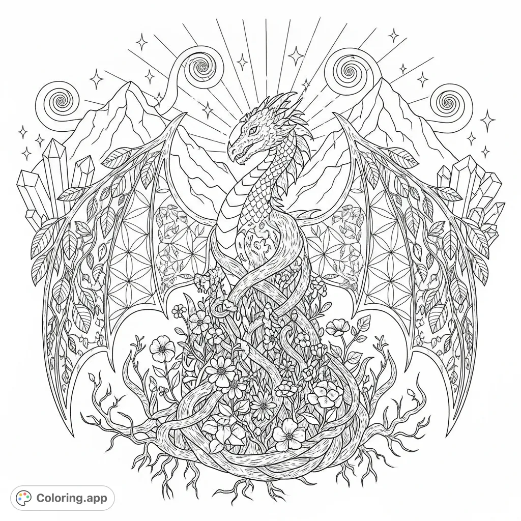 Discover an ancient dragon emerging from intertwined roots and wildflowers, with sacred geometry scales and leaf-like wings amidst mountains and crystals.
