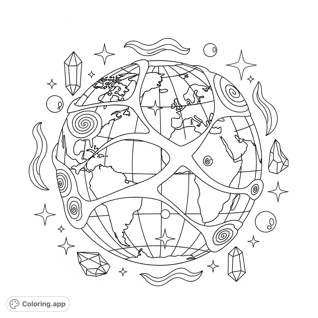 Discover a mystical Earth sphere adorned with bold continents and sweeping leyline patterns. Features floating crystals, stars, and energy for a magical coloring adventure.