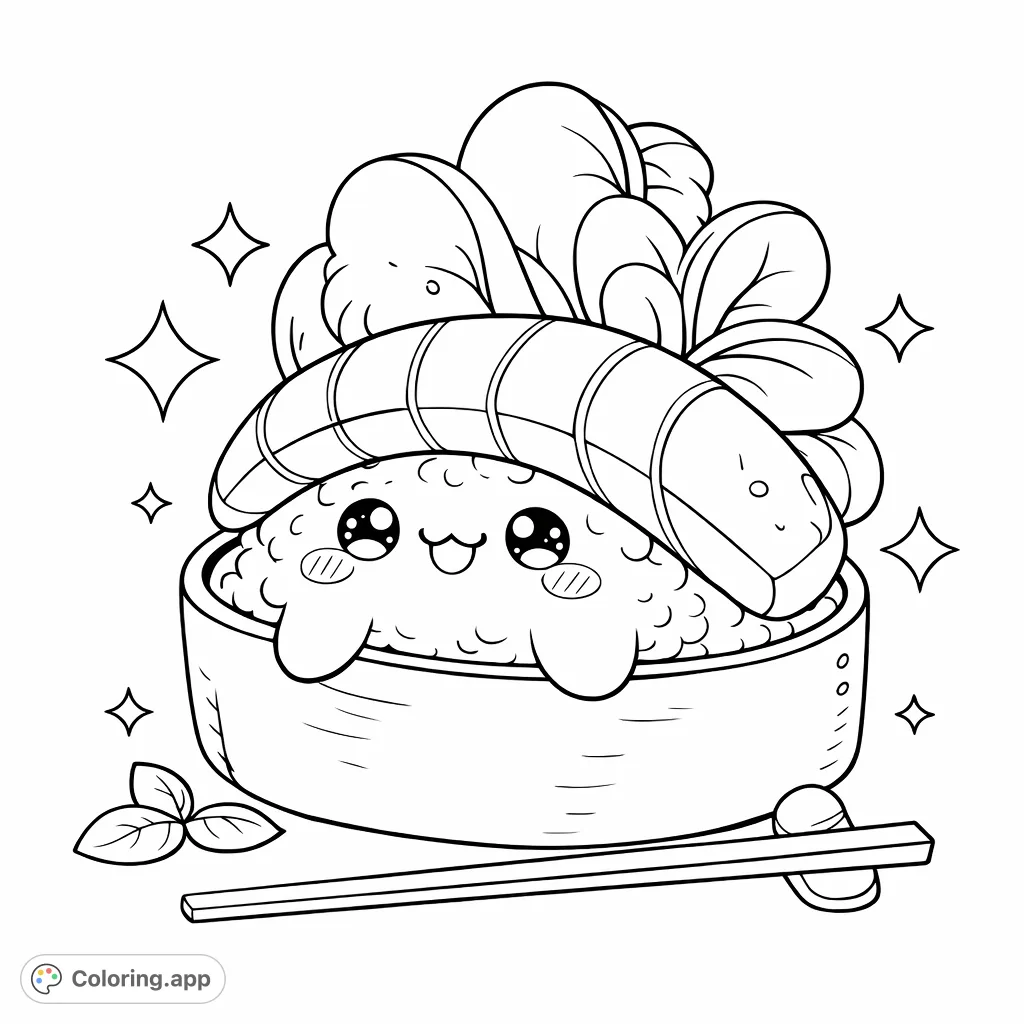 A delightful sushi character with cheerful anime eyes and a gentle smile, surrounded by leafy accents and chopsticks. Perfect for a relaxing coloring experience.