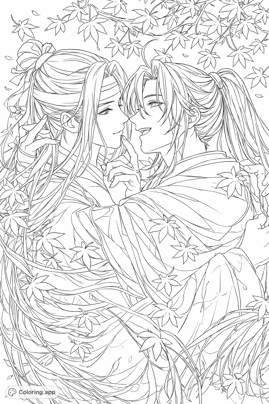 An enchanting autumn scene featuring two beloved characters in a tender embrace, surrounded by flowing garments and scattered maple leaves. Perfect for fans.