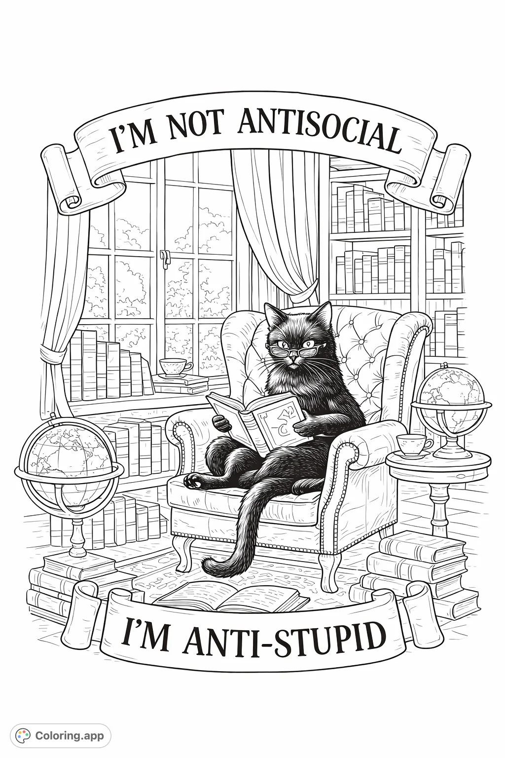 Discover a charming intellectual cat, engrossed in a book within a cozy library filled with intricate details and inspiring messages.