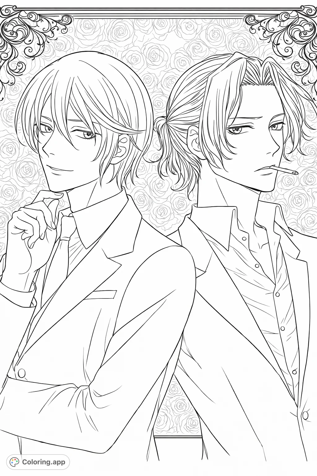 Color two charismatic anime characters in formal attire against a detailed rose background. Perfect for fans of stylish character designs.