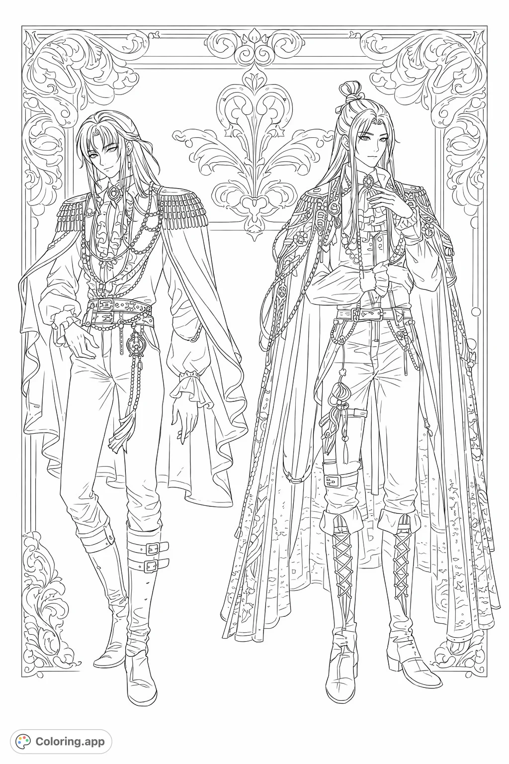 An exquisite fantasy fashion coloring page featuring two regal characters in elaborate capes and detailed attire, set against an ornate background. Perfect for creative colorists!