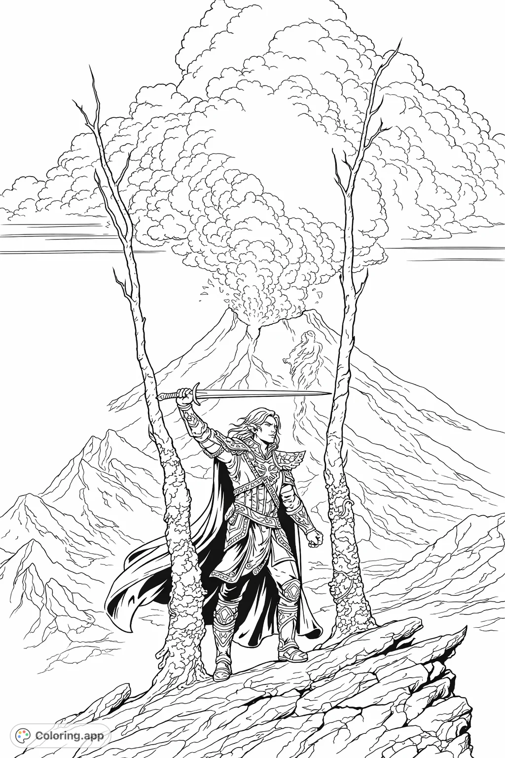 A fantasy warrior stands on a rocky peak, sword raised, framed by gnarled trees, with an erupting volcano and spectral figure in the background.