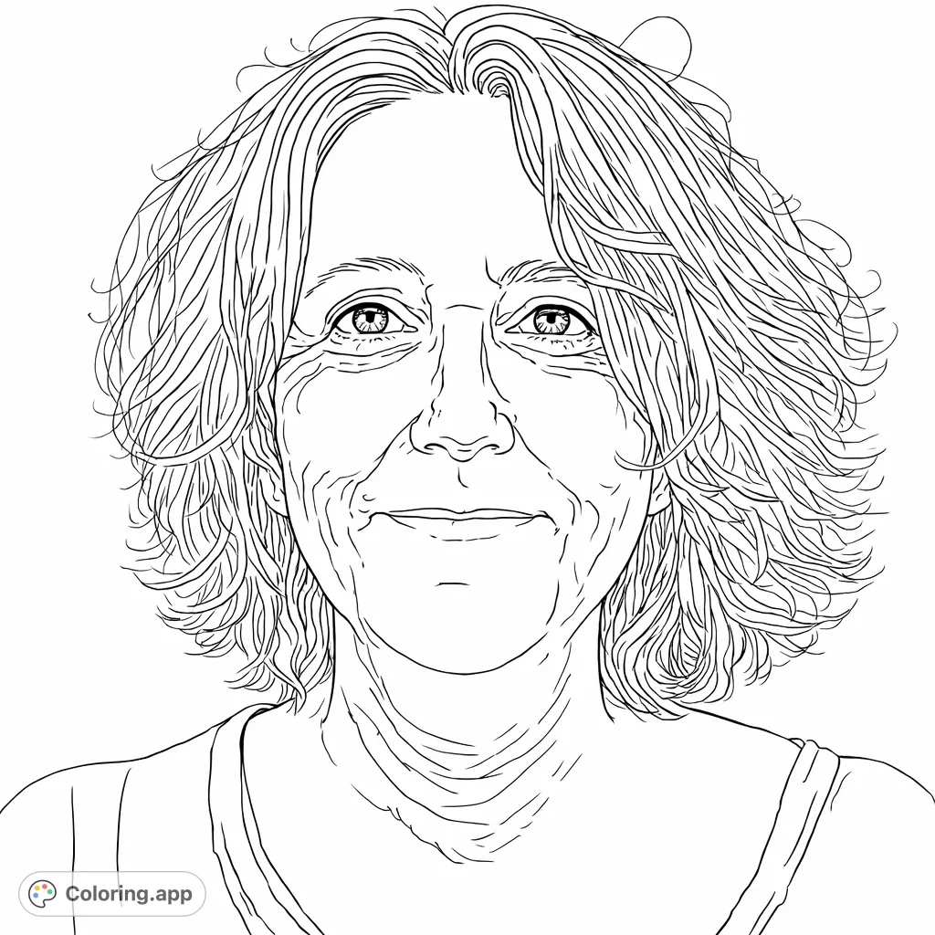 A detailed portrait of a woman with wavy hair and a gentle smile, offering an engaging coloring experience for those who appreciate realistic subjects and intricate features.