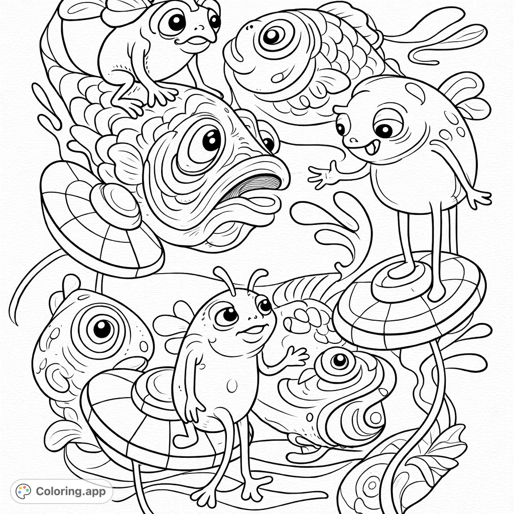 Dive into an imaginative world where playful fish mingle with friendly insect-like creatures and whimsical plants. A fun, detailed scene for creative coloring.