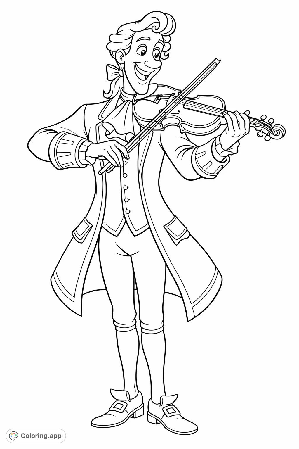A cheerful period character plays a violin, dressed in a detailed frock coat and breeches. A delightful scene for all ages to color and bring to life.