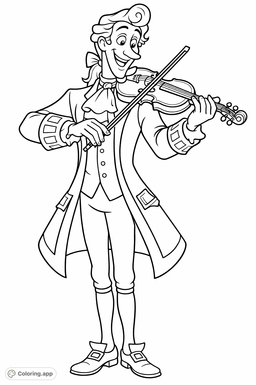 A cheerful Disney character plays his violin, dressed in fancy historical attire. Enjoy this delightful, simple musical adventure Disney character coloring page.