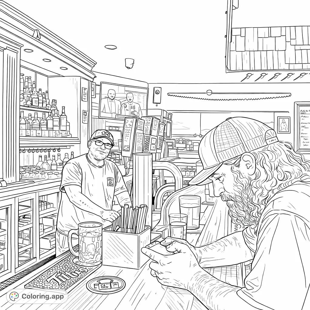 Captures a lively bar scene featuring a friendly bartender and a relaxed customer. Enjoy coloring the intricate details of the bottles, taps, and bar decor.