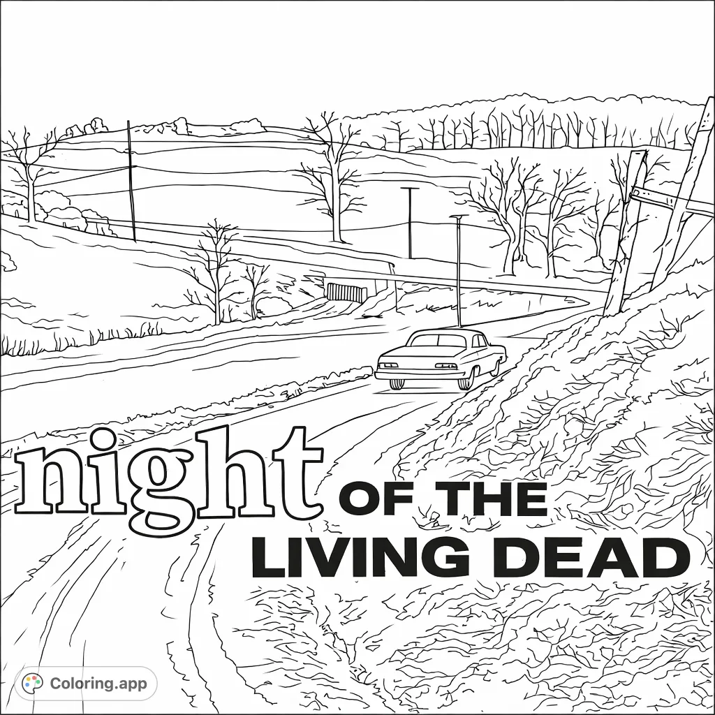 Explore a classic rural landscape featuring a vintage car on a winding road, surrounded by rolling hills, bare trees, and rustic fence lines. A nostalgic scene awaits your creative touch.
