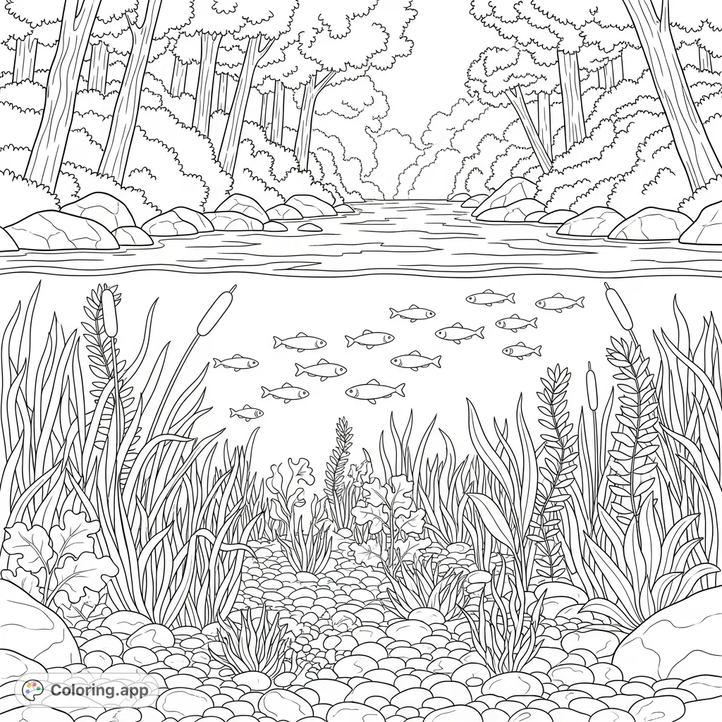 Explore a peaceful forest river teeming with small fish and graceful underwater plants. A tranquil nature scene ready for your creative touch.
