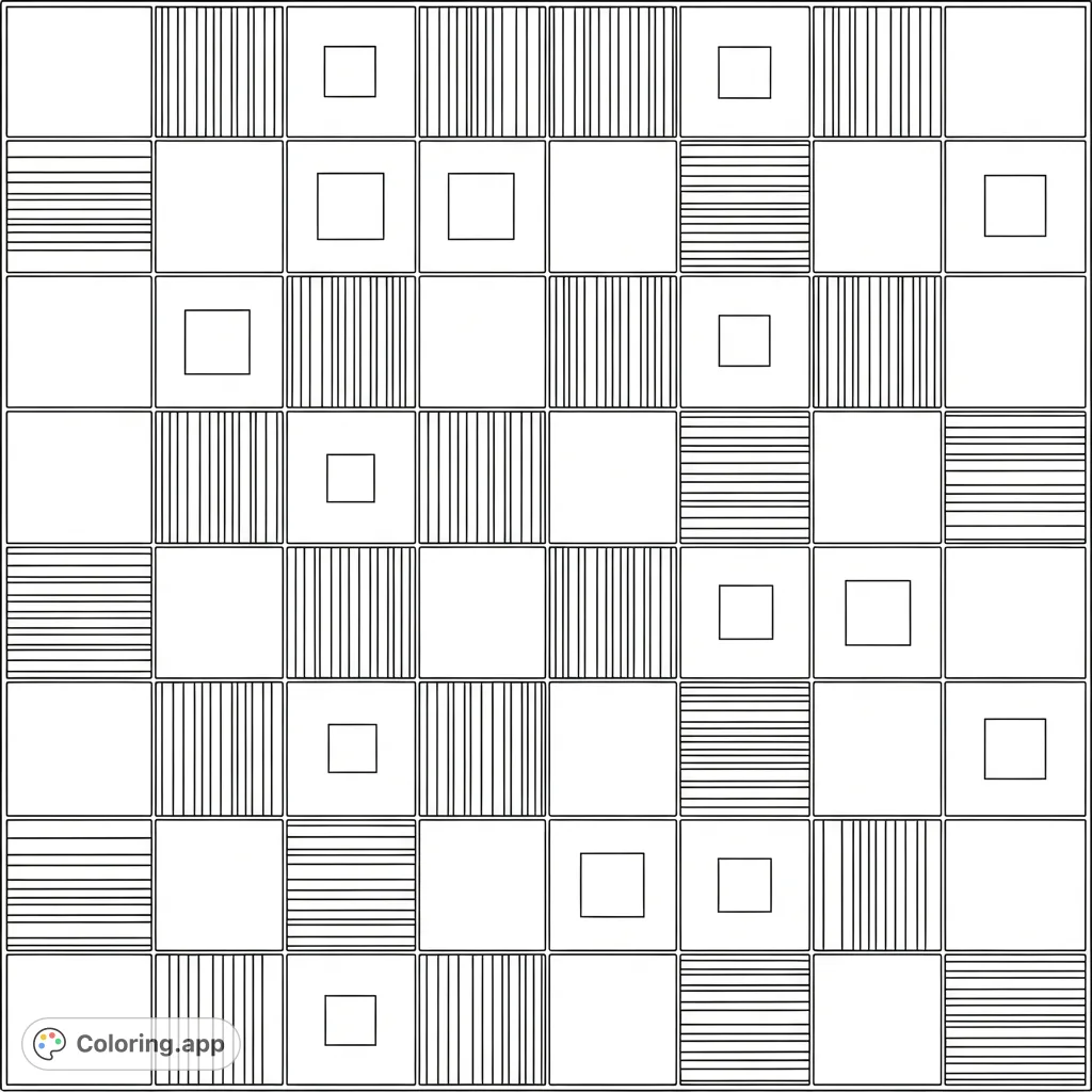 Explore a captivating abstract geometric coloring page featuring simple stripes and solid squares arranged in an engaging checkerboard grid. Perfect for pattern lovers!