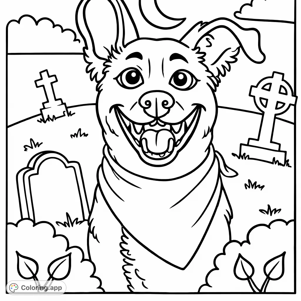 A cheerful dog with a wide grin enjoys a spooky graveyard scene, complete with headstones, a crescent moon, and fluffy clouds. Perfect for Halloween fun!