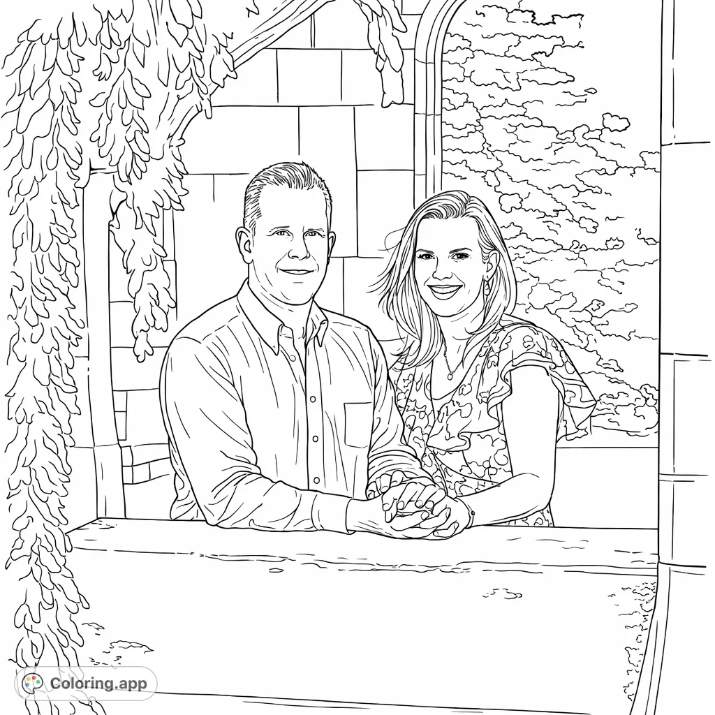 A smiling couple stands arm-in-arm behind a textured stone wall, their hands clasped. Intricate foliage and architectural arches frame their loving presence.